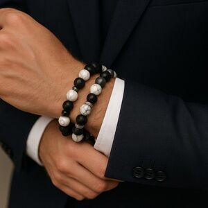 Black Lava, Howlite & Quartz Bracelet Set